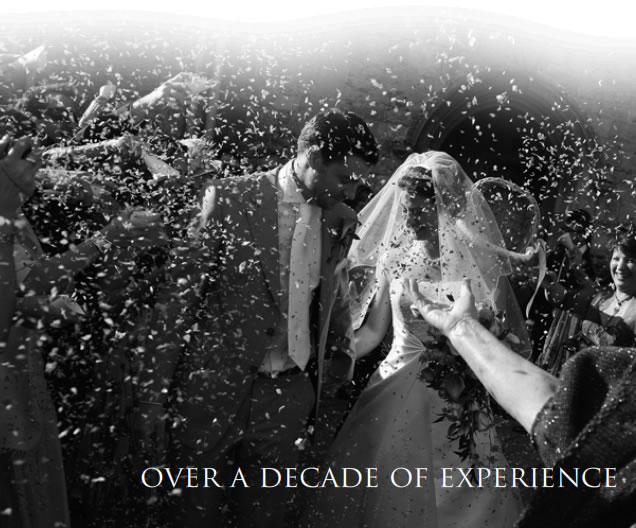 bride and groom with wedding confetti